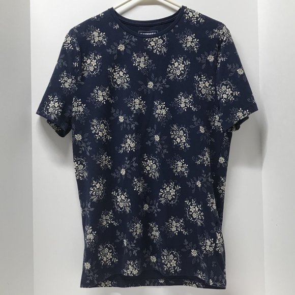 Express Navy Blue & White Floral Short Sleeve Stretch Tee - Picture 1 of 9